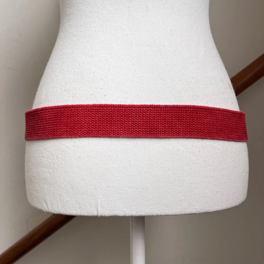 Vintage Red Canvas Brown‎ Leather Belt Silver Buckle Preppy Statement